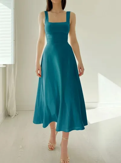 Women Fashion Solid Color Strap A- Line Midi Dress