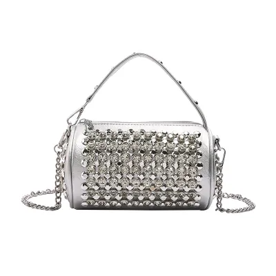 Women Fashion Casual Rhinestone Cylindrical Chain Handbag