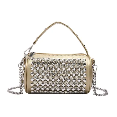 Women Fashion Casual Rhinestone Cylindrical Chain Handbag