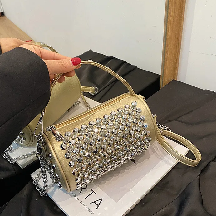 Women Fashion Casual Rhinestone Cylindrical Chain Handbag