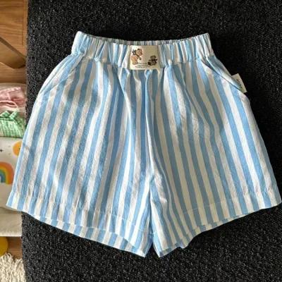 Kids Boys And Girls Fashion Casual Summer Blue And White Stripe Loose Shorts