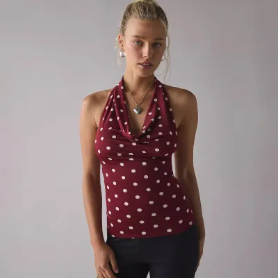 Women Vintage Dot Print Cowl Neck Tanks