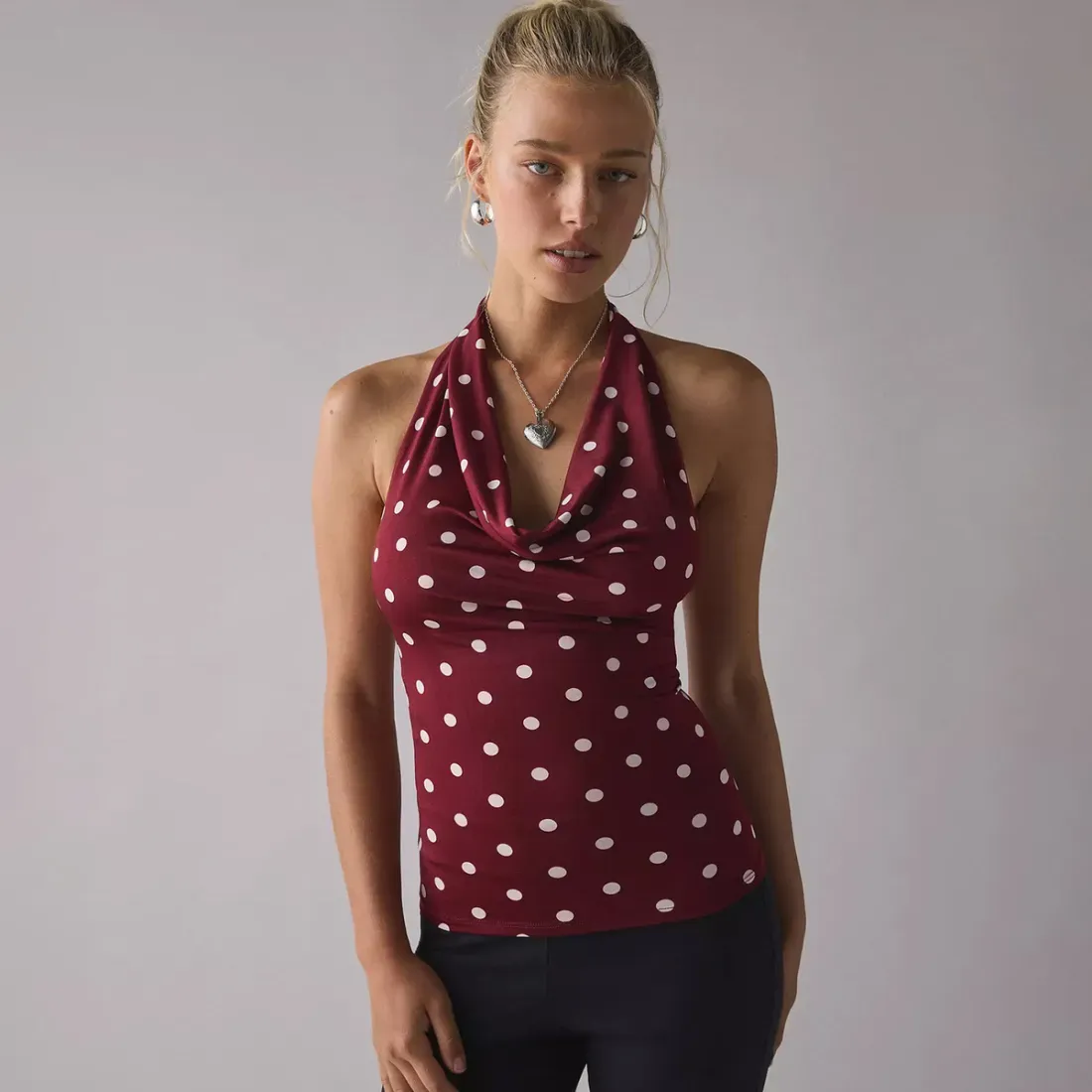 Women Vintage Dot Print Cowl Neck Tanks