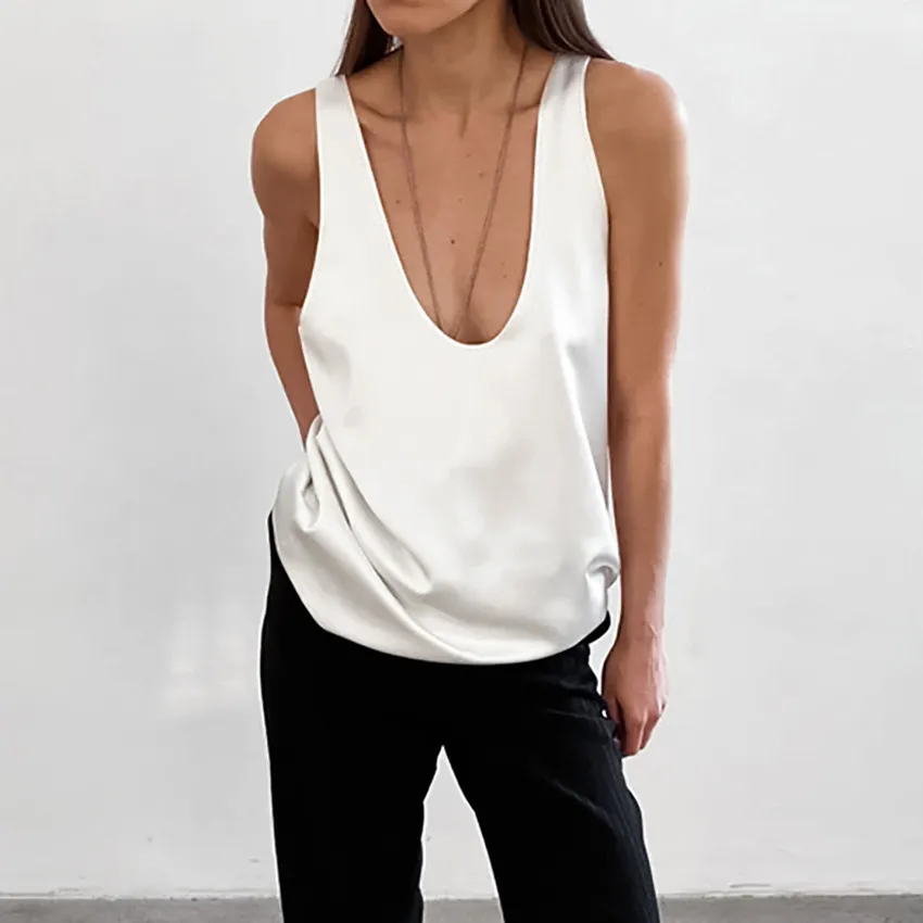 Women Simple Satin V-Neck Tanks