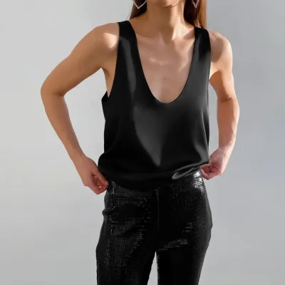 Women Simple Satin V-Neck Tanks