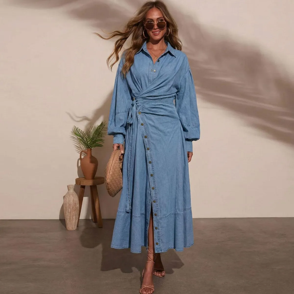 Autumn Women Fashion Lapel Lace-Up Long Sleeve Denim Dress