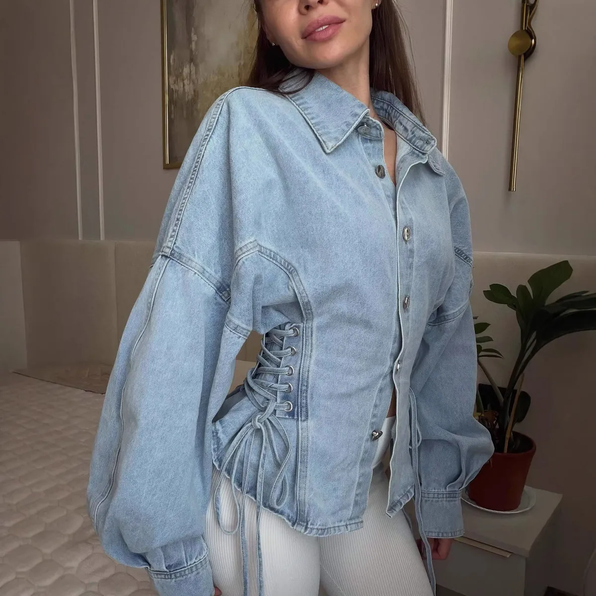 Women Vintage Washed Denim Shirt Top