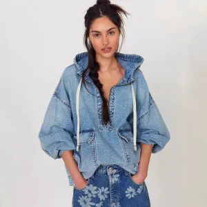 Women Fashion Loose Casual Hooded Denim Long Sleeve Top