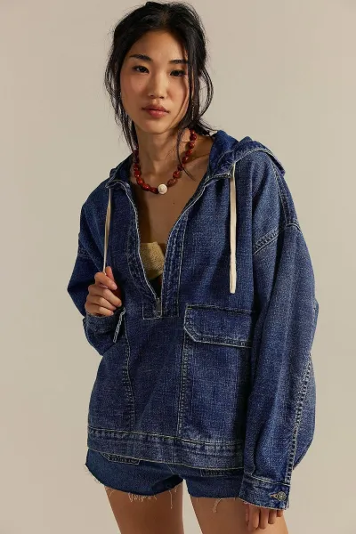 Women Fashion Loose Casual Hooded Denim Long Sleeve Top