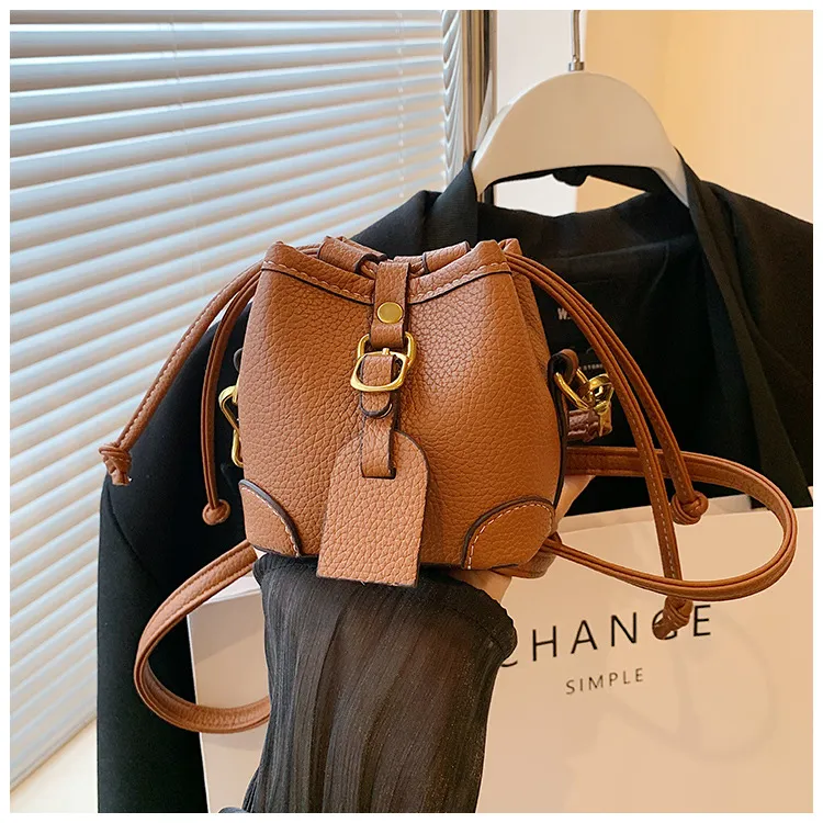 Fashion Stitching Drawstring Mini Crossbody Bucket Bag
