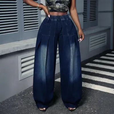 Women Fashion Casual Wash Pleated Elastic High Waist Wide Leg Jeans