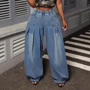 Women Fashion Casual Wash Pleated Elastic High Waist Wide Leg Jeans