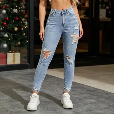 Women Fashion Sexy Stretch Ripped High Waist Skinny Jeans