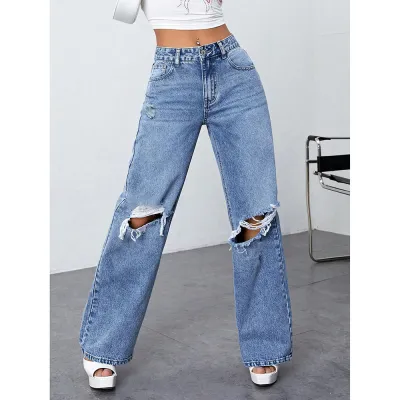 Women Fashion Casual Retro Ripped Wide Leg Jeans