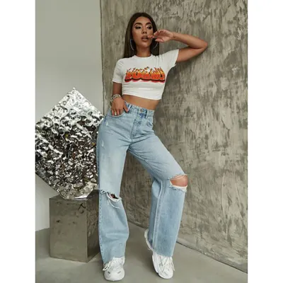 Women Fashion Casual Retro Ripped Wide Leg Jeans