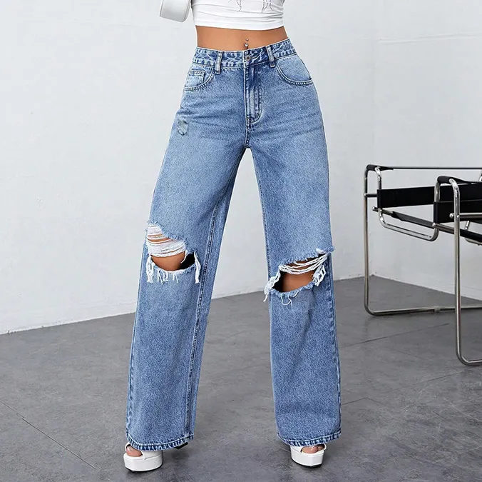 Women Fashion Casual Retro Ripped Wide Leg Jeans