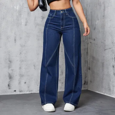 Women Fashion Casual Simple Solid Color High Waisted Straight Jeans
