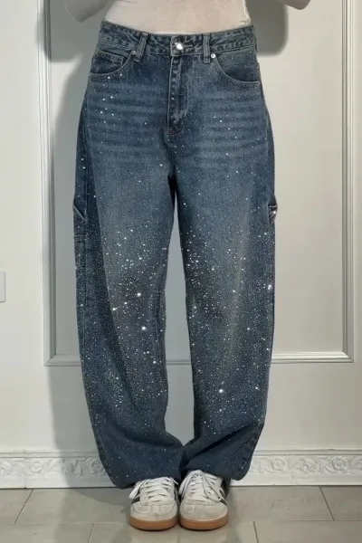 Women Fashion Casual Rhinestone Loose Straight Jeans