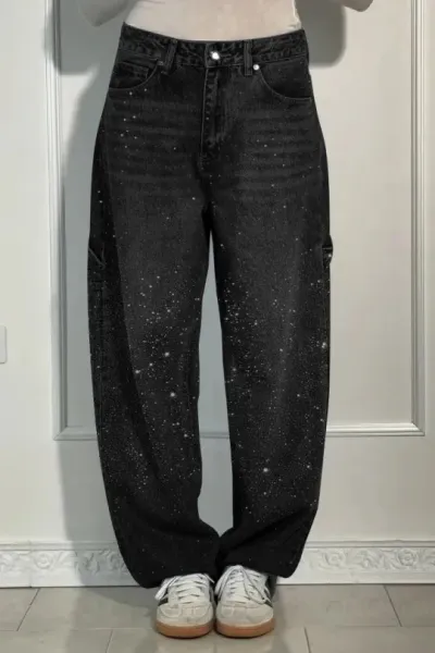 Women Fashion Casual Rhinestone Loose Straight Jeans