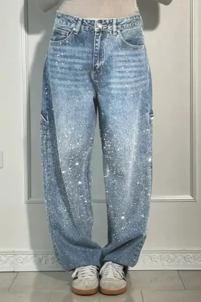 Women Fashion Casual Rhinestone Loose Straight Jeans