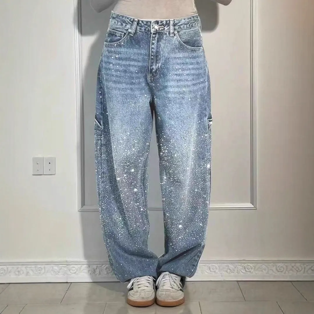 Women Fashion Casual Rhinestone Loose Straight Jeans