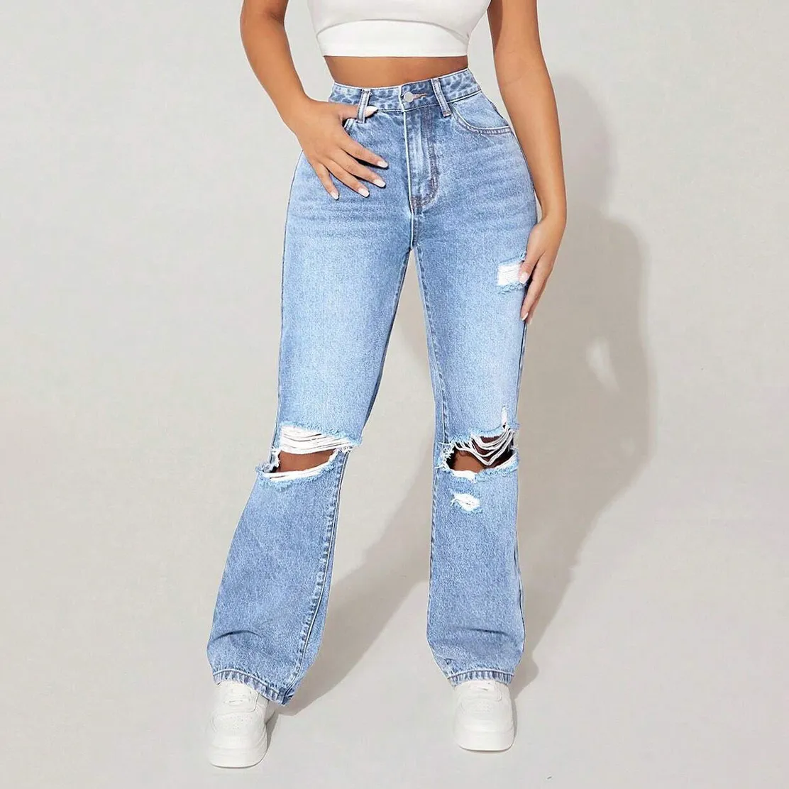 Women Fashion Casual High Waist Ripped Edge Straight Jeans