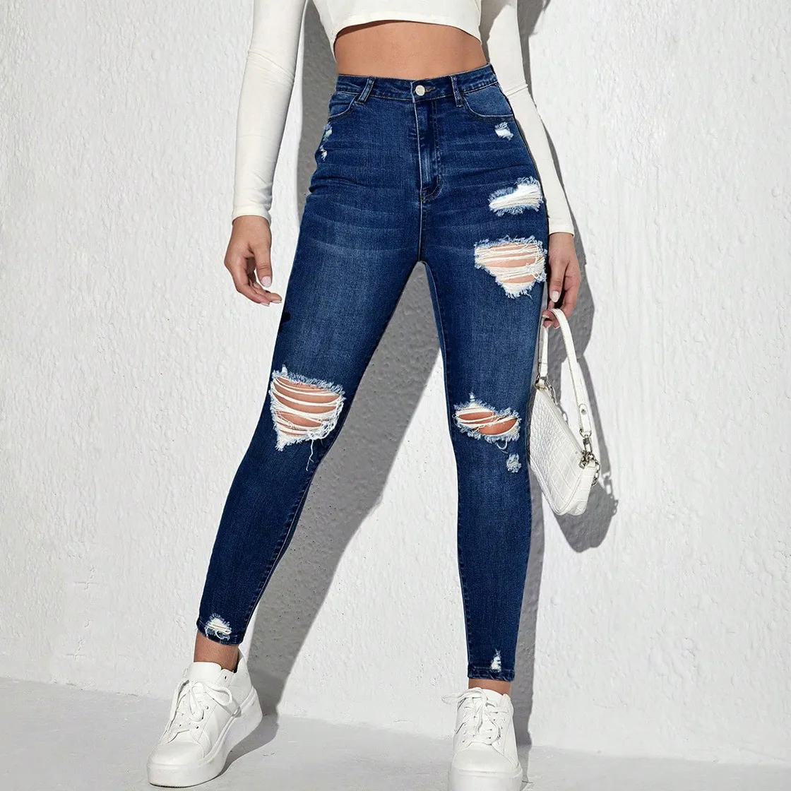 Women Fashion Spring And Summer Stretch Ripped Skinny Jeans