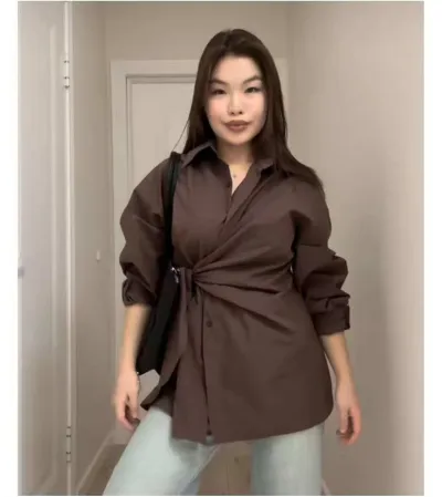 Women Fashion Casual Solid Color Lapel Single-Breasted Tight Waist Long-Sleeve Blouse