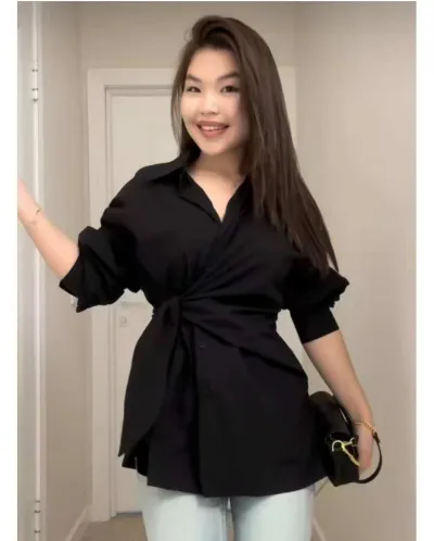 Women Fashion Casual Solid Color Lapel Single-Breasted Tight Waist Long-Sleeve Blouse