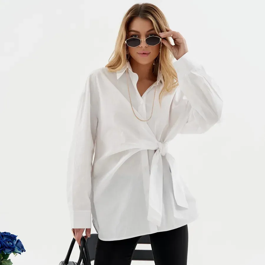 Women Fashion Casual Solid Color Lapel Single-Breasted Tight Waist Long-Sleeve Blouse