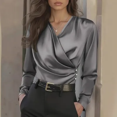 Women Fashion Office Solid Color V-Neck Long-Sleeve Slim-Fit Blouse