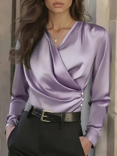 Women Fashion Office Solid Color V-Neck Long-Sleeve Slim-Fit Blouse