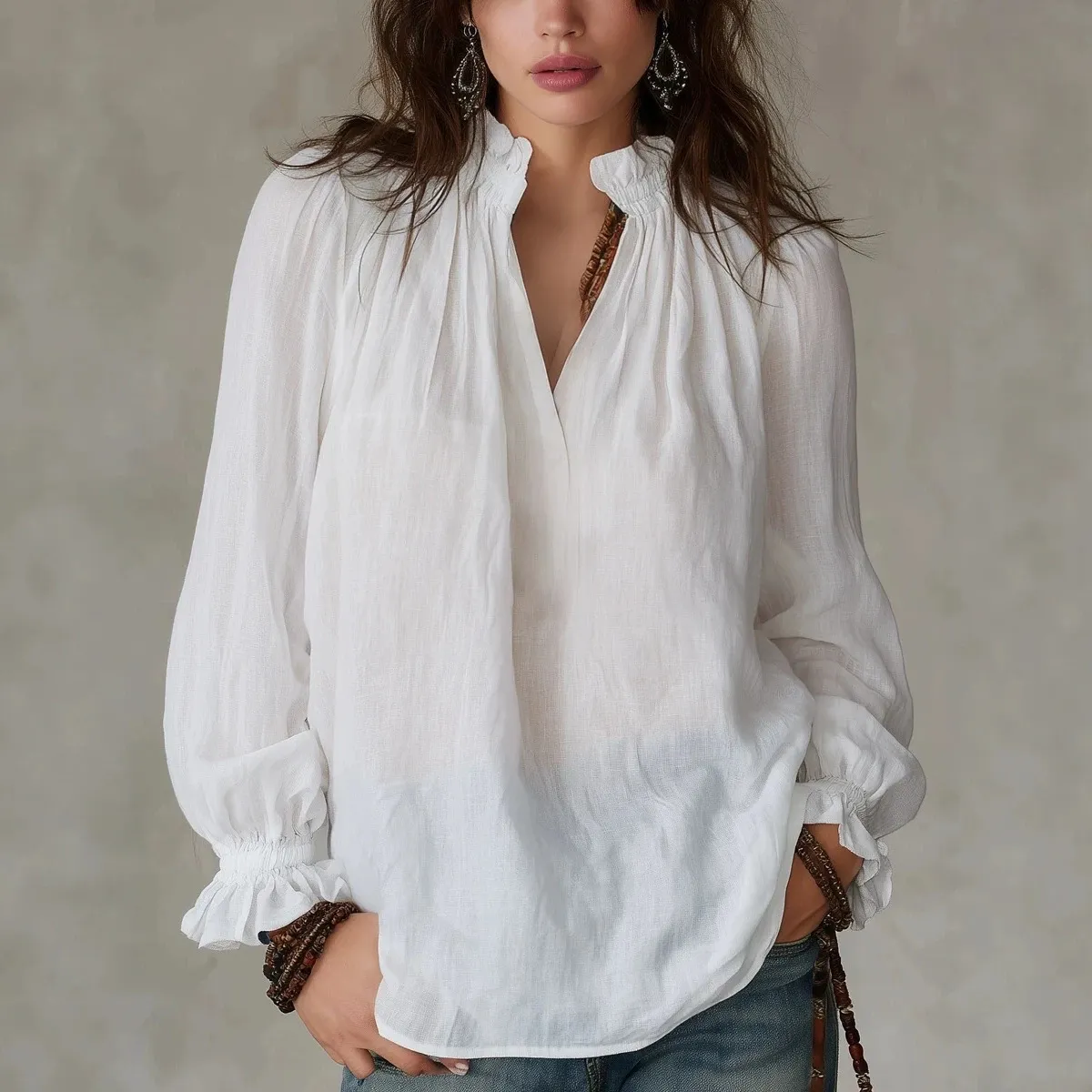 Women Fashion Casual Solid Color Loose V-Neck Bubble Long-Sleeve Pleated Texture Blouse