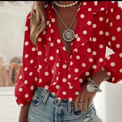 Women Fashion Casual Polka Dot Print V-Neck Long Sleeve Ruffled Blouse