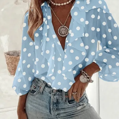 Women Fashion Casual Polka Dot Print V-Neck Long Sleeve Ruffled Blouse