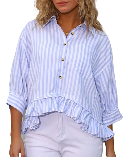 Women Fashion Casual Stripe Lapel Lace Hem Half Sleeve Loose Blouse