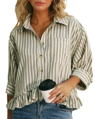 Women Fashion Casual Stripe Lapel Lace Hem Half Sleeve Loose Blouse