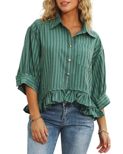 Women Fashion Casual Stripe Lapel Lace Hem Half Sleeve Loose Blouse
