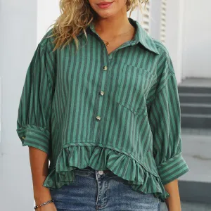 Women Fashion Casual Stripe Lapel Lace Hem Half Sleeve Loose Blouse