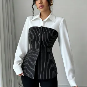 Women Fashion Casual Autumn And Winter Stitching Stripe Lapel Long-Sleeve Single-Breasted Blouse