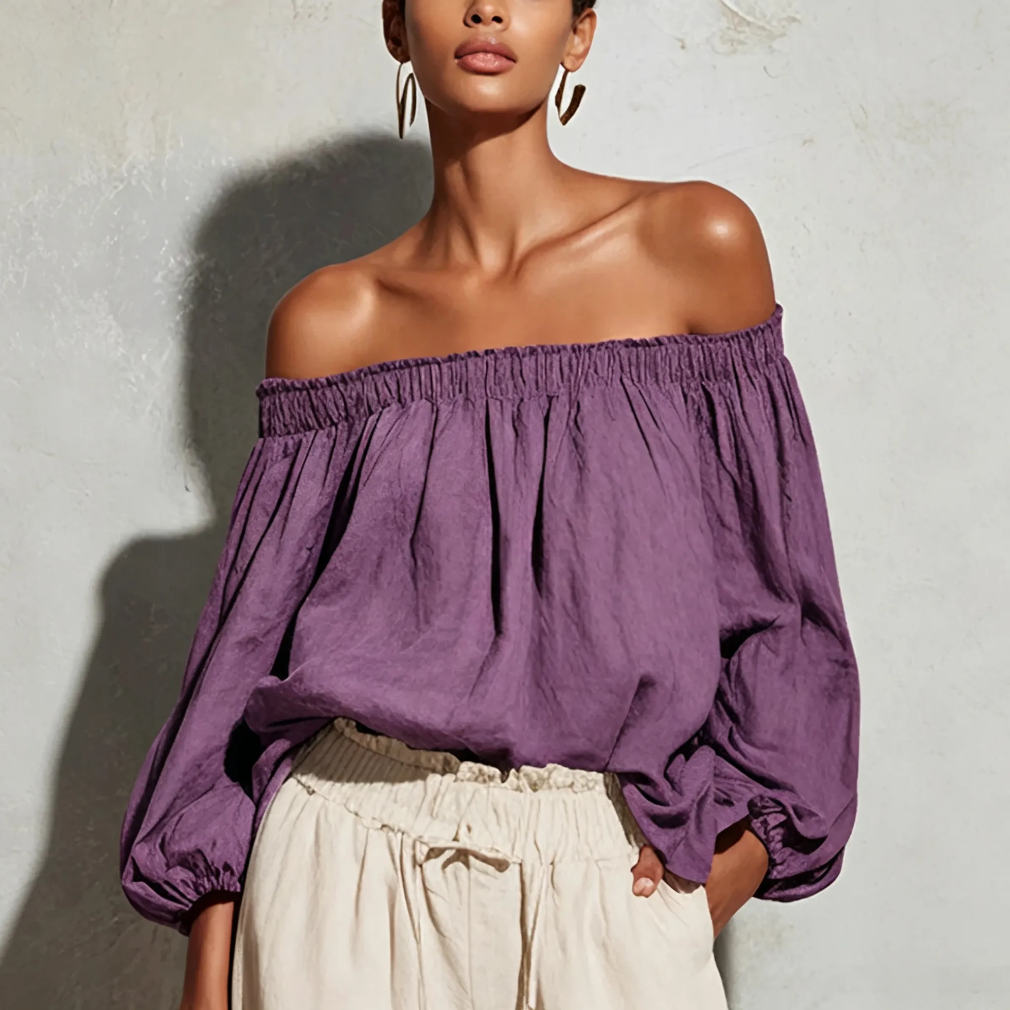 Women Fashion Sexy Cotton Linen Solid Color Off-Shoulder Lantern Sleeve Blouse