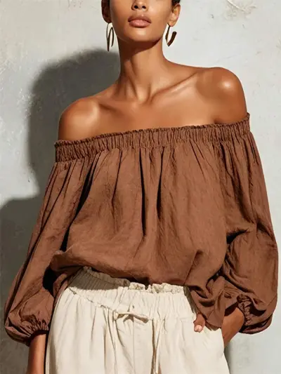 Women Fashion Sexy Cotton Linen Solid Color Off-Shoulder Lantern Sleeve Blouse