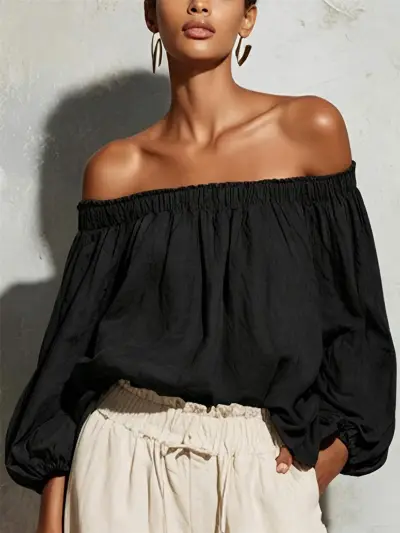 Women Fashion Sexy Cotton Linen Solid Color Off-Shoulder Lantern Sleeve Blouse
