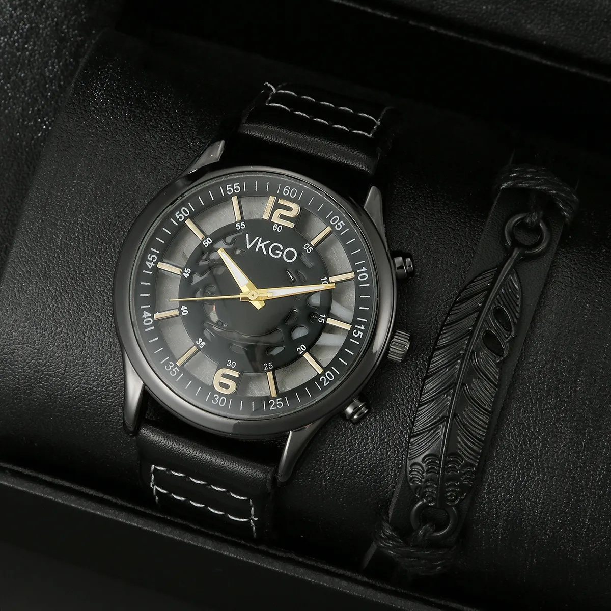 Men'S Fashion Black Feather Bracelet Quartz Watch Set