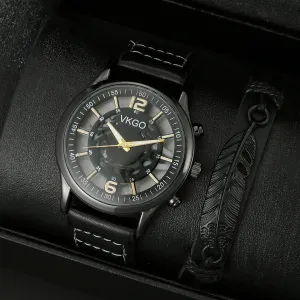 Men'S Fashion Black Feather Bracelet Quartz Watch Set