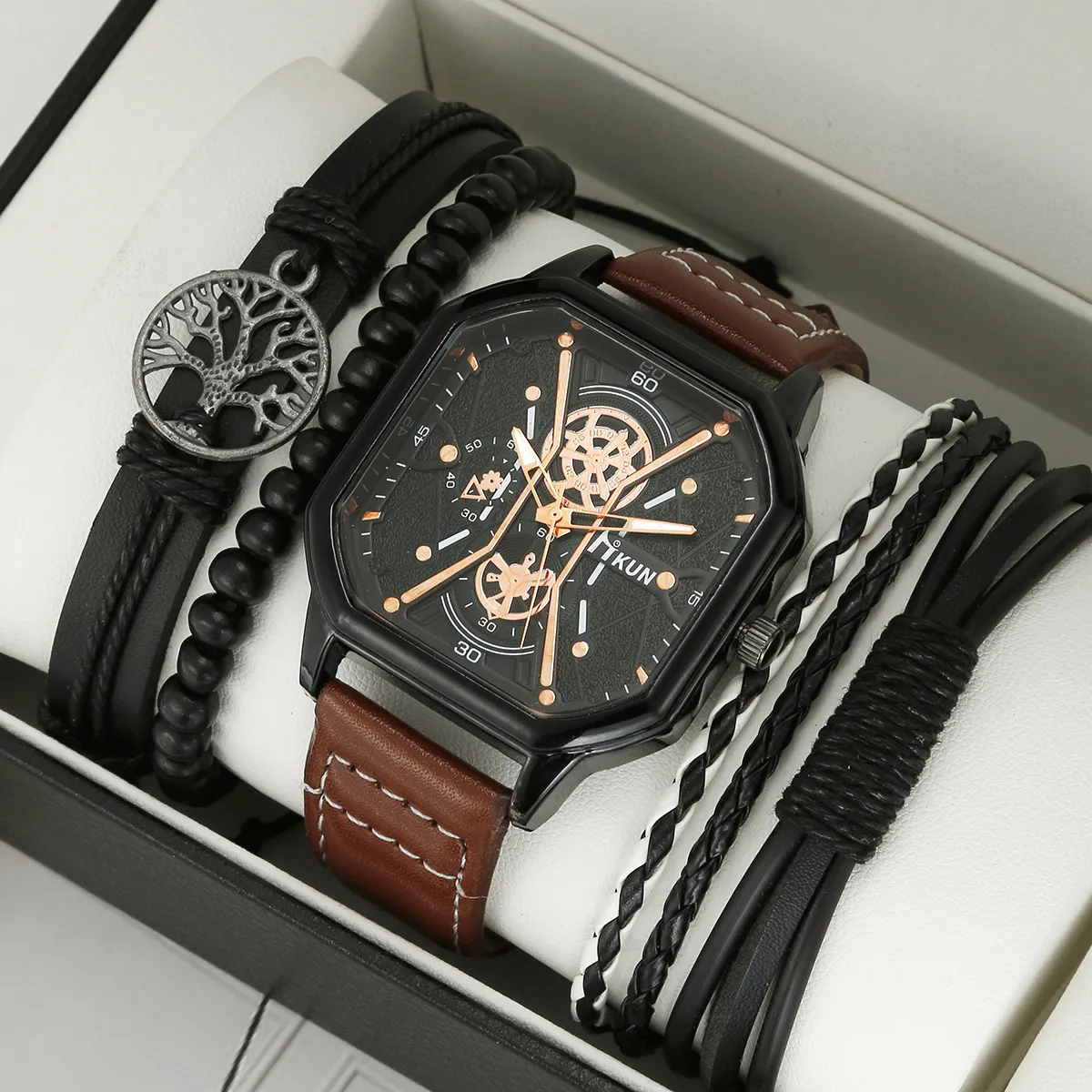 Men Fashion Double Layer Square Shell Quartz Watch Bracelet Set