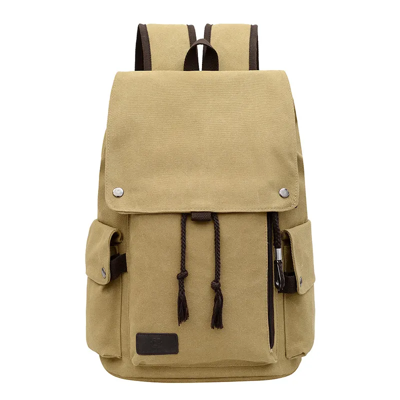 Men'S Fashion Casual Solid Color Thickened Canvas Bag Large Capacity Backpack