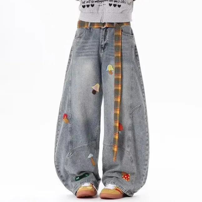 Men Fashion Casual Embroidery Design Loose Wide Leg Jeans