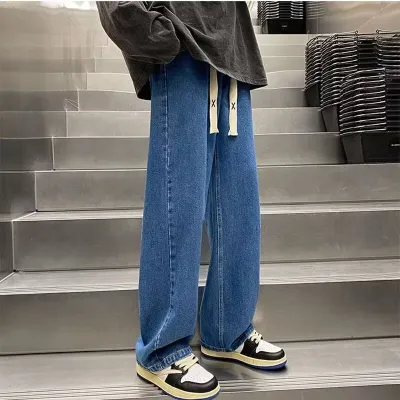 Men Fashion Casual Simple Solid Color Straight Loose Jeans