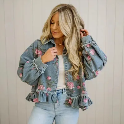 Women'S Vintage Floral Print Denim Jacket